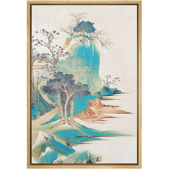 IDEA4WALL Framed Canvas Wall Art Vibrant Pastel Mountain Botanical Illustrations Retro Art Pastel Colorful Landscape Vintage Print Relax/Calm for Living Room, Bedroom, Office - Natural 24"x36"