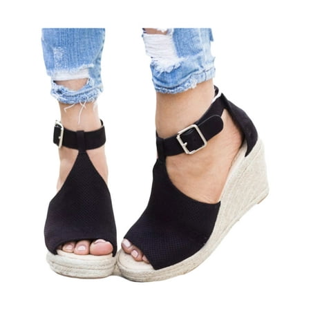 - Women Espadrilles Platform Wedge Sandals Buckle Peep Toe Ankle Strap Casual Shoes