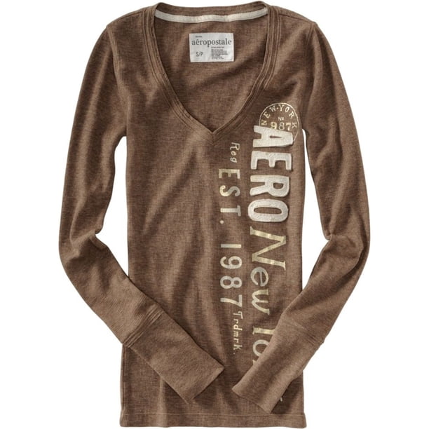 Aeropostale - Suéter de punto térmico con cuello redondo y cuello en V para mujer, marrón, extra pequeño Aeropostale Tejer