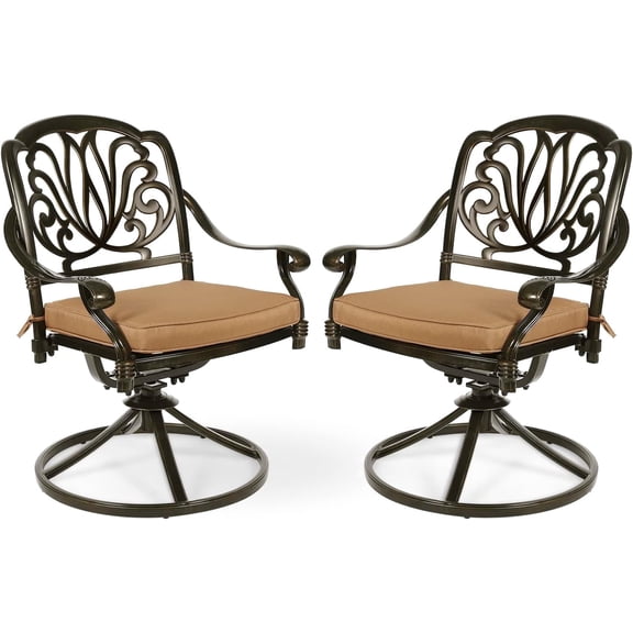 MEETWARM 2 Piece Patio Dinning Swivel Chairs Rocker, Outdoor All-Weather Cast Aluminum Chairs, Patio Bistro Dining Chair Set with Cushions for Garden Deck Backyard, Dark Bronze