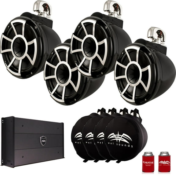 Wet Sounds Two Pairs of Black REV 10 Swivel Clamp Tower Speakers with Wet Sounds Suitz speaker Covers & SYN-DX-2.3HP Amplifier