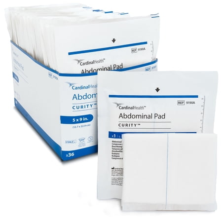 Curity Sterile Abdominal Pads, 5” x 9”, High‑Absorbency Non‑Woven ABD Pads with Sealed Edges, Latex‑Free, 9190A (Box of 36)