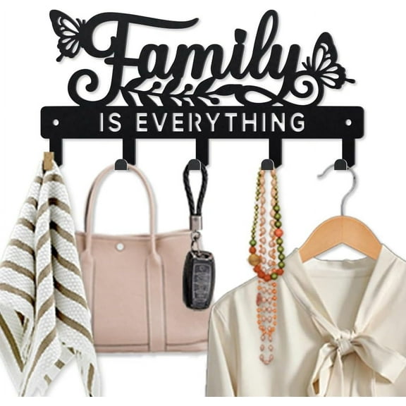 Family is Everything Key Hook for Wall 9.8×4.7inch Butterfly Leaves Metal Coat Rack House Wall Decor Key Holder with 5 Hooks for Gift Kitchen Bathroom Home Gold