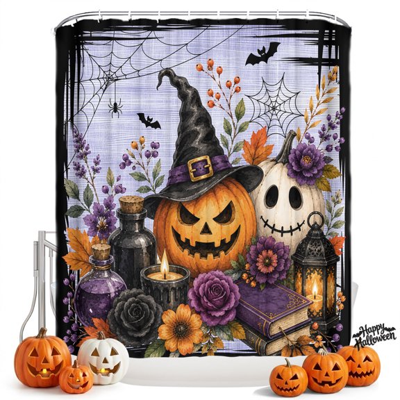 Shower Curtains for Bathroom-36"x72",Halloween Scary Pumpkin Flower Waterproof Bath Curtain Grommet Shower Curtain Set with Hooks