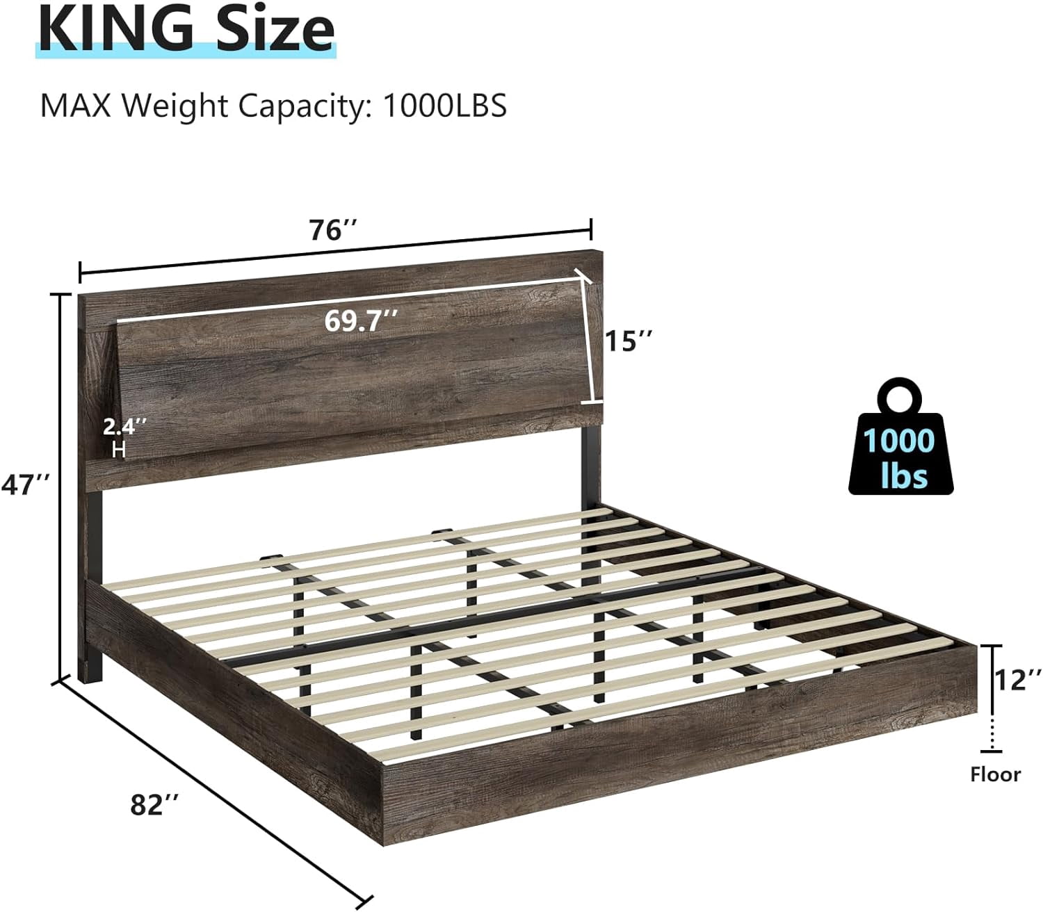 VanAcc King Size Wood Floating Bed Frame with Headboard & LED Light, Wooden Platform Bed Frame with Slats Support, Easy Assembly, Rustic Grey