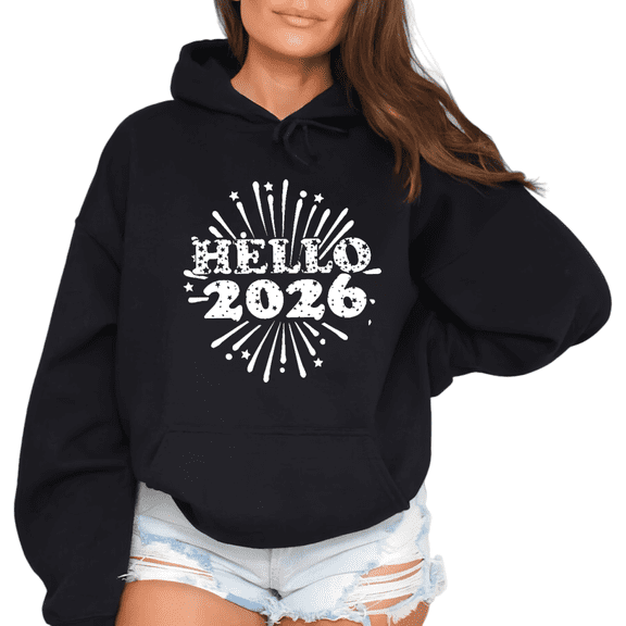 Beautiful fireworks With Hello 2026 Theme Letter Graphic Tee T Shirt Tops Relaxed Fit Hooded long-sleeved Black S-2XL