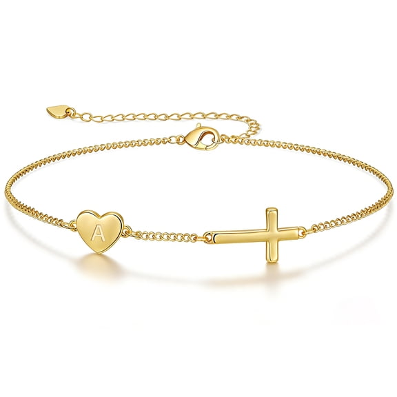 LUNVKY 18K Gold Plated Love Heart Initial Cross Bracelet for Women Letter A Bracelet Christian Religious Catholic First Communion Birthday Christmas Jewelry Gifts Teen Stocking Stuffers Age Ideas