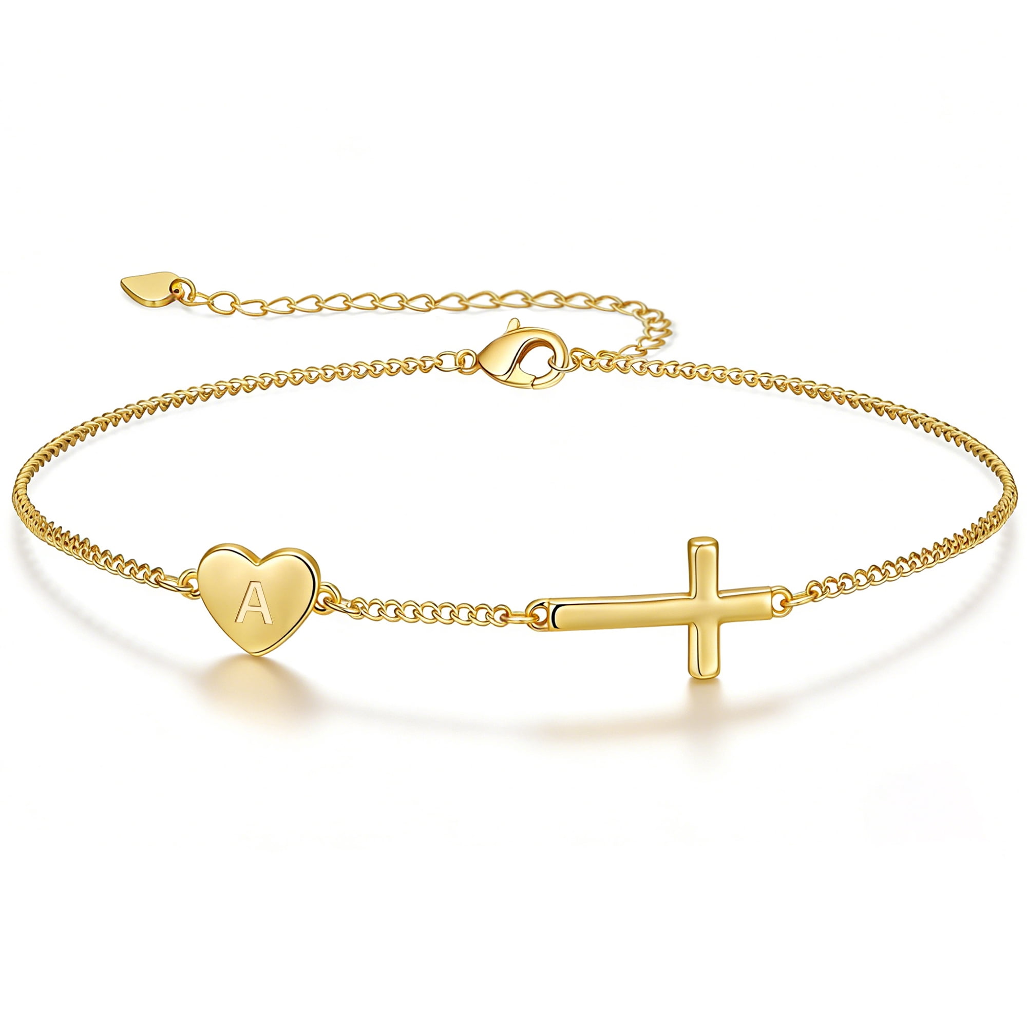 LUNVKY 18K Gold Plated Love Heart Initial Cross Bracelet for Women Name Letter A Bracelet Catholic Religious Christian First Communion Birthday Jewelry Gifts Teen Age Ideas