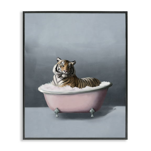 Stupell Industries Tiger in the Bathtub Bath & Laundry Painting Black Framed Art Print Wall Art, 11 x 14