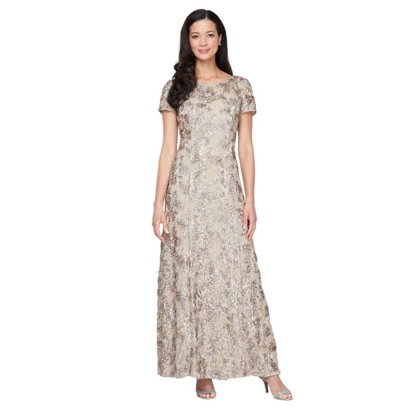 Vestido Largo Alex Evenings con Encaje de Rosetas Champagne Talle 12