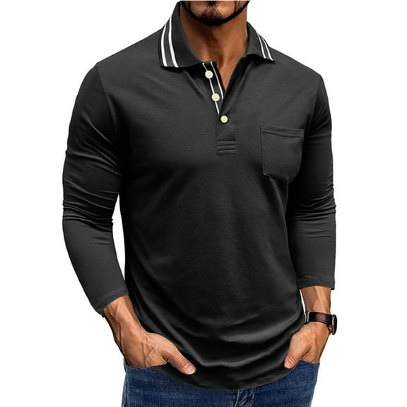 Men Clothing, Men's Polo Shirts Long Sleeve Classic Cotton Golf Shirt Casual Business Stripe Lapel Button Down Pullover with Pocket