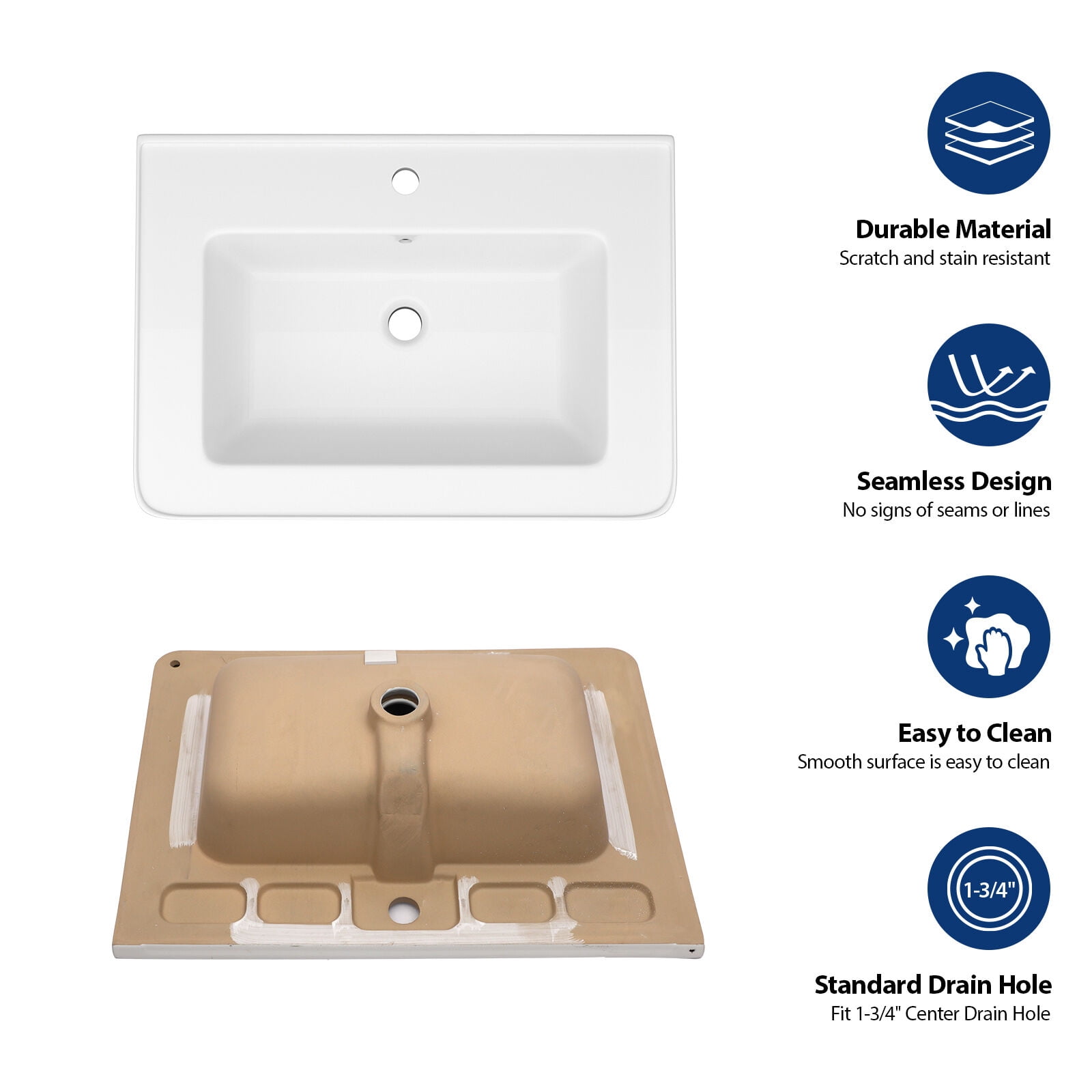 Modern Bathroom Vanity 28" x 19" White Rectangular Single Vanity Top with 1 Faucet Hole and Overflow(Sink Only),Wooden Bathroom Vanity