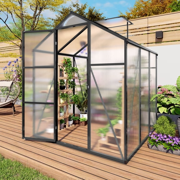 Vigo huseeo 6x6FT Extra-Height Version Polycarbonate Greenhouse, Outdoor Greenhouse with Aluminum Frame for Backyard, Black