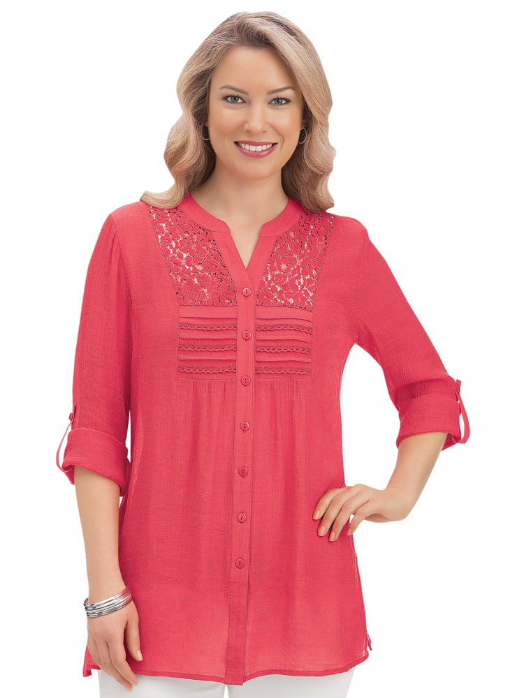 Collections Etc Lace Inset Button Front Pintuck Tunic 