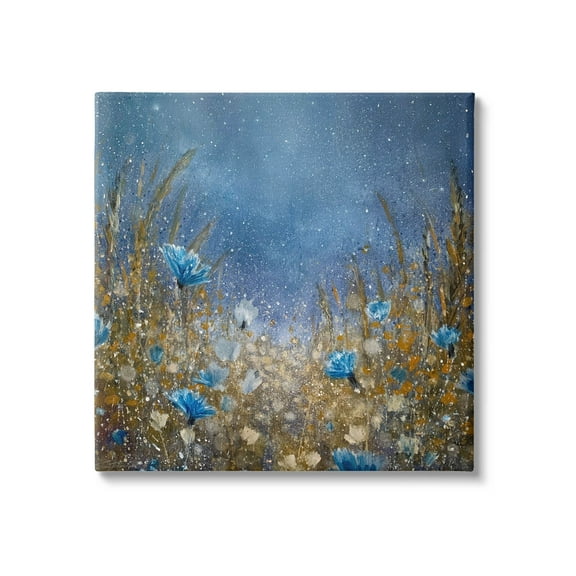 Deep Blue Botanical Meadow Grass Landscape Painting Gallery Wrapped Canvas Print Wall Art