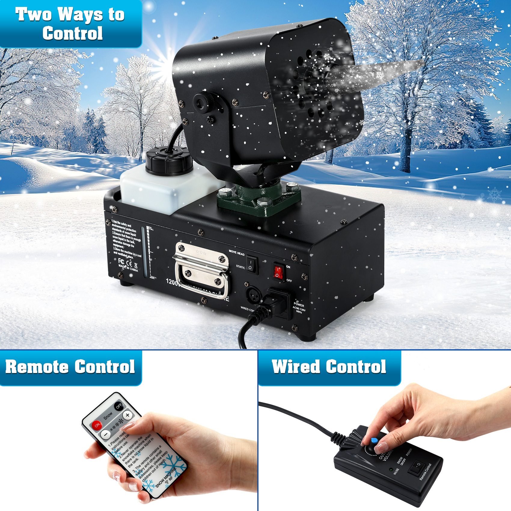 TCFUNDY 1200W Oscillating Snow Machine w/ Remote and Wired Control, Ideal for Christmas Parties and Events