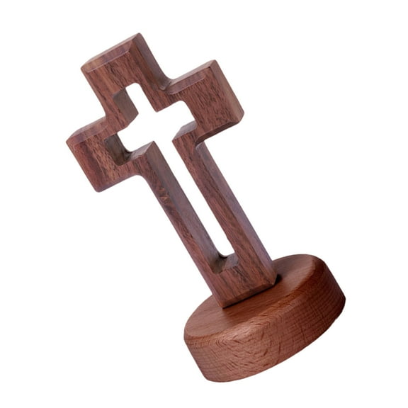 Wooden Crucifix Decoration Hollow Walnut Standing Crosses Craft with Stand for Tabletop Spiritual Displays