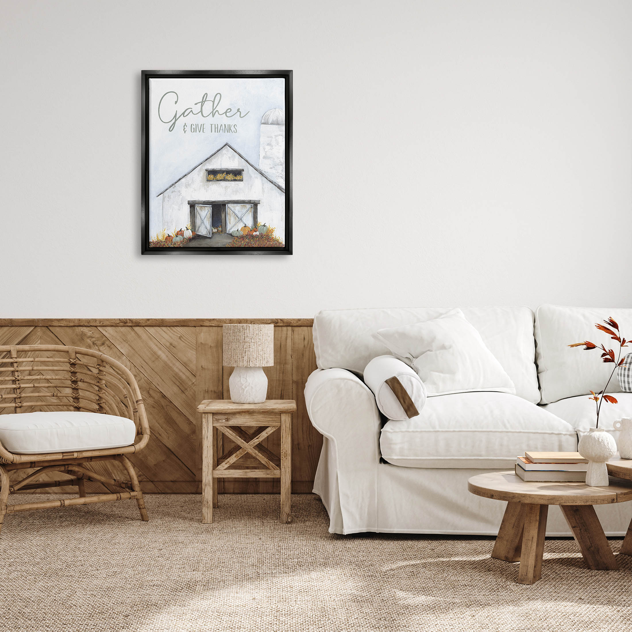 Gather & Give Thanks Autumn Barn Holiday Graphic Art Jet Black Framed Art Print Wall Art