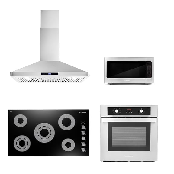 Cosmo 4 Piece Kitchen Appliance Package 36" Electric Cooktop 36" Wall Mount Range Hood 24" Single Electric Wall Oven & 24.4" Countertop Microwave Kitchen Appliance Bundles