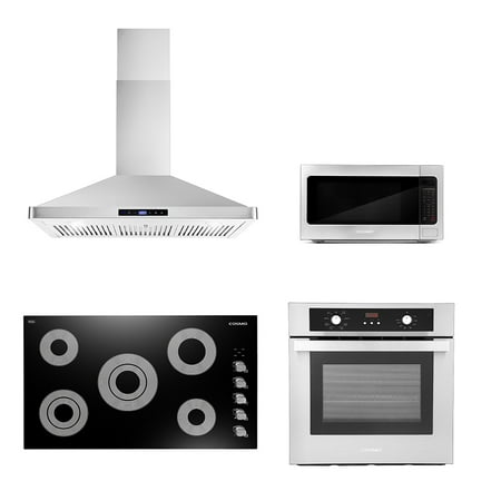 Cosmo 4 Piece Kitchen Appliance Package 36  Electric Cooktop 36  Wall Mount Range Hood 24  Single Electric Wall Oven & 24.4  Countertop Microwave Kitchen Appliance Bundles