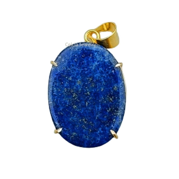 Real 925 Sterling Silver Pendant For Women Men, Genuine Lapis Lazuli Oval Gemstone Unique Handcrafted Yellow Gold Vermeil Pendant