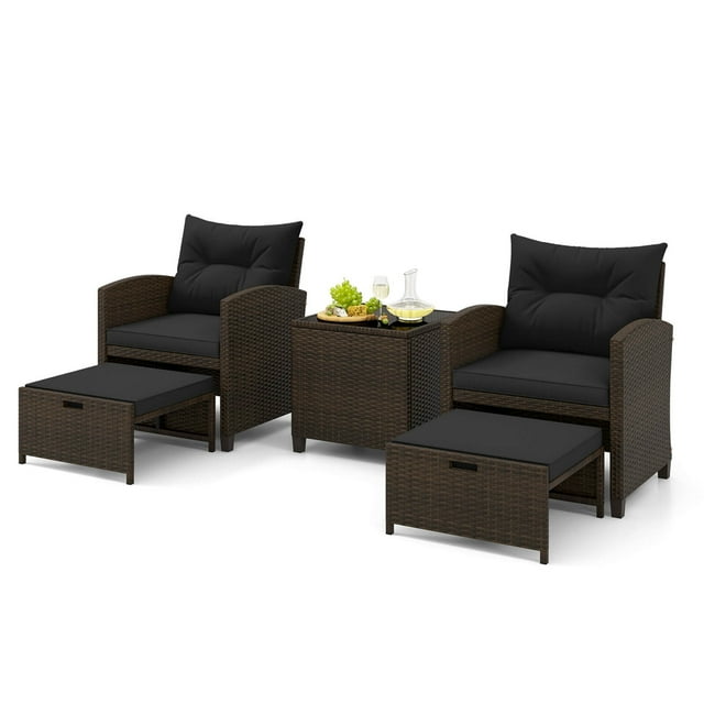 Gymax Mobilier en Rotin 5 Pcs avec Verre Trempé et 2 Ottomans Table Basse de Patio Noir