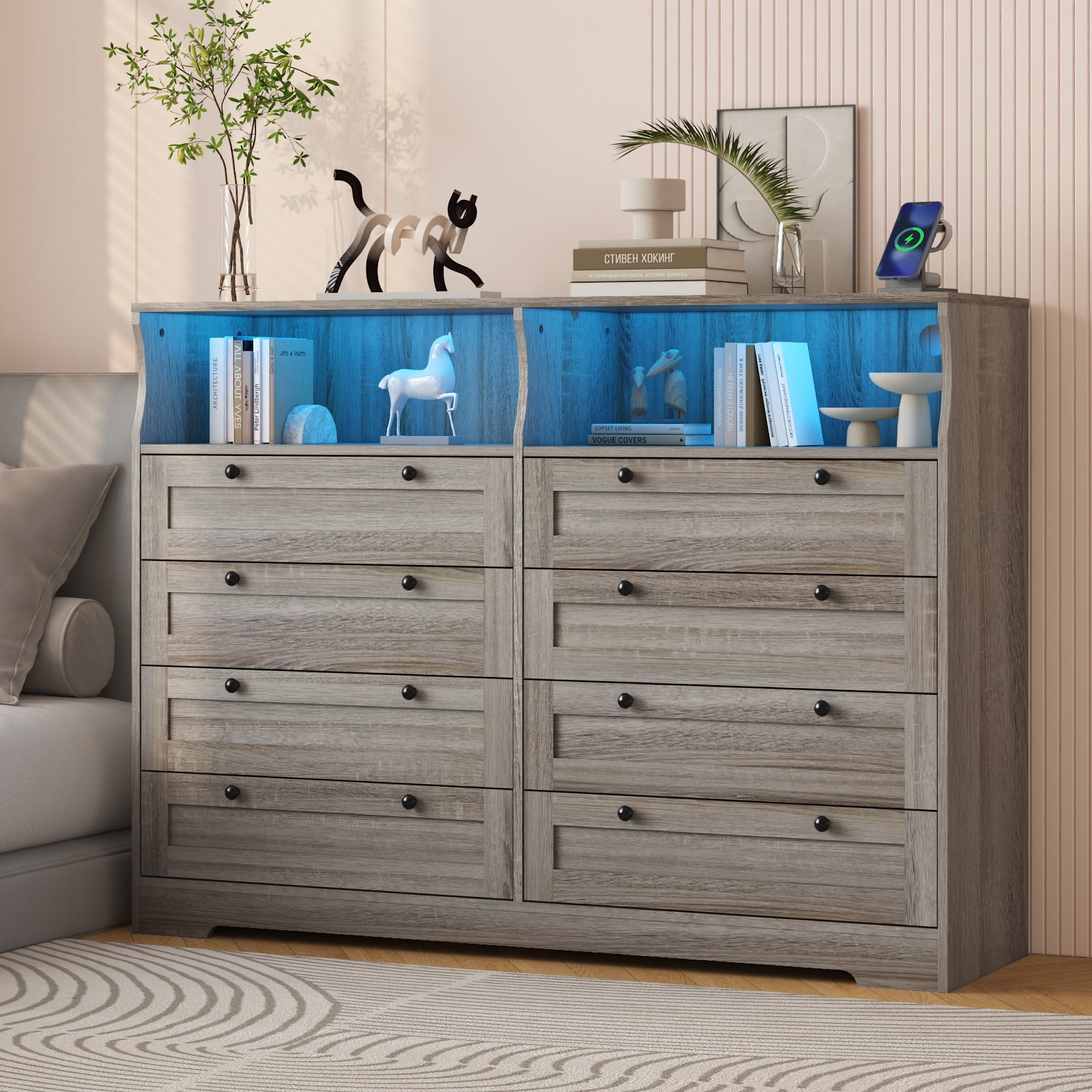 8 Drawer Dresser with Power Outlets – Modern Wooden Chest of Drawers Farmhouse Storage Cabinet with 2 Cubbies – Wide Dresser for Bedroom Living Room