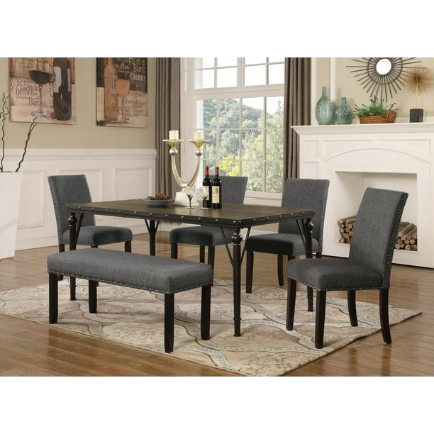 Roundhill Biony 6Piece Espresso Wood Dining Set with Grey Fabric
