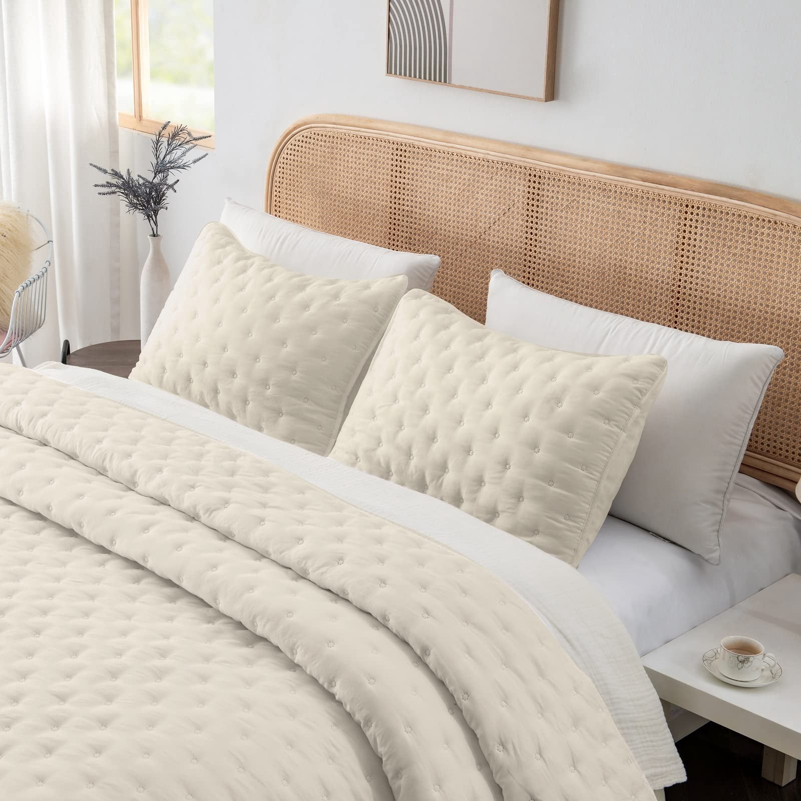 3-Piece Queen Size Quilts, GREAGLE Soft Lightweight Quilt for Queen Bed, Dotted Circle Pattern Warmer Bedspread /Bedding Set with Pillow Shams, 90 x 90 inch, Beige