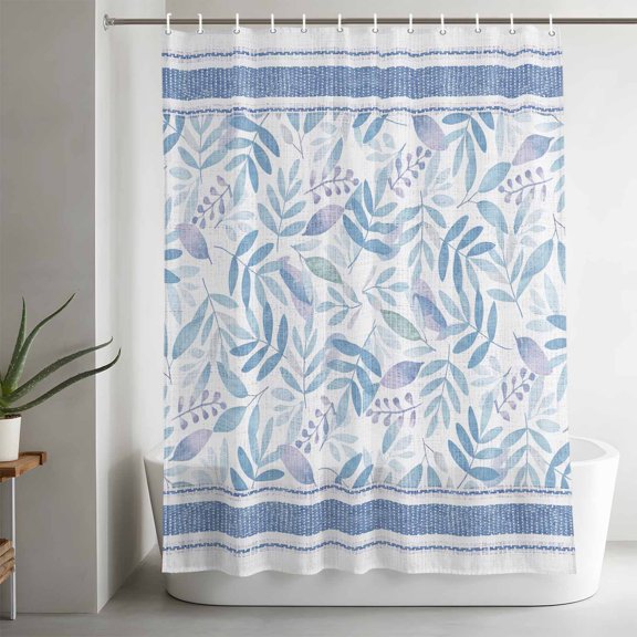 Shower Curtains for Bathroom-36"x72",Watercolor Leaves Blue Stripes Waterproof Bath Curtain Grommet Shower Curtain Set with Hooks,