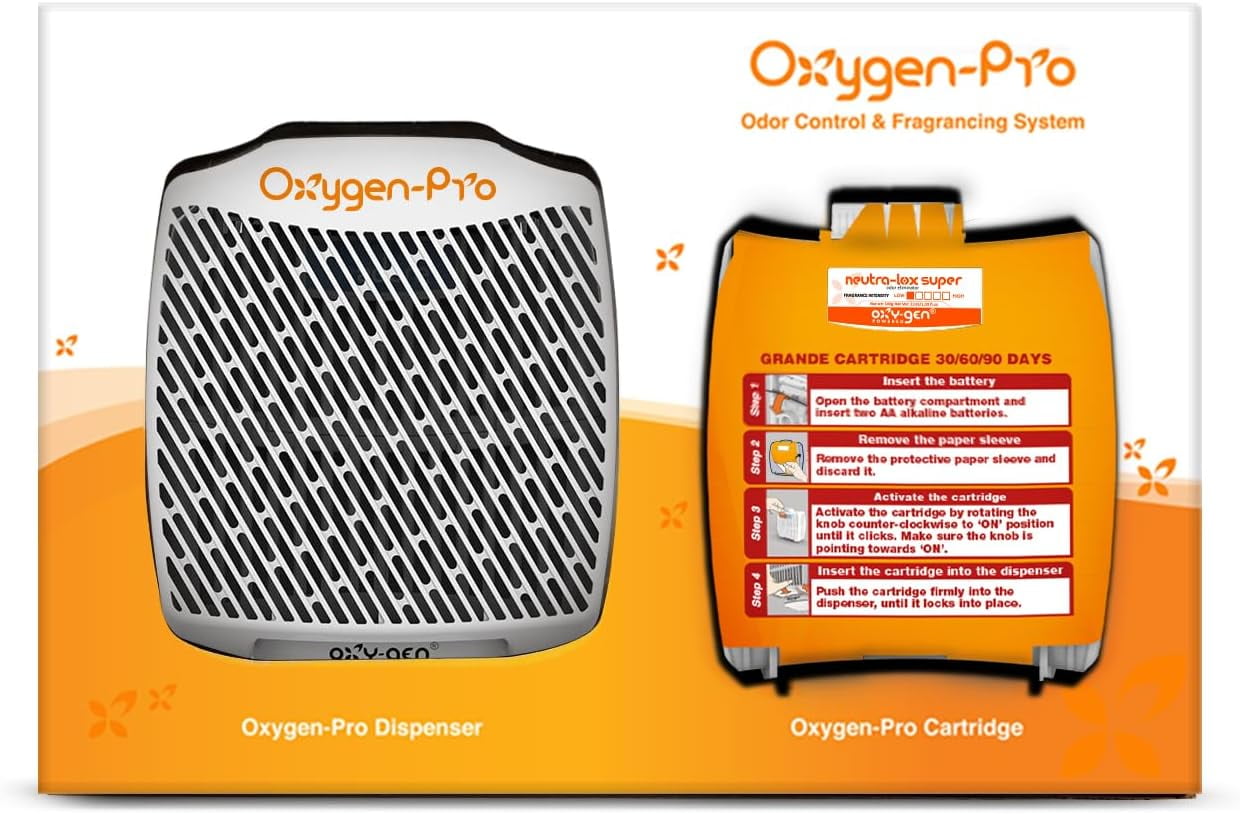 Oxygen-Pro - Grande Starter Kit - Commercial Air Freshener and Deodorizer, Wall Mounted, Battery Operated Automatic Dispenser, Odor Eliminator, and Fragrancing System (Subtle)