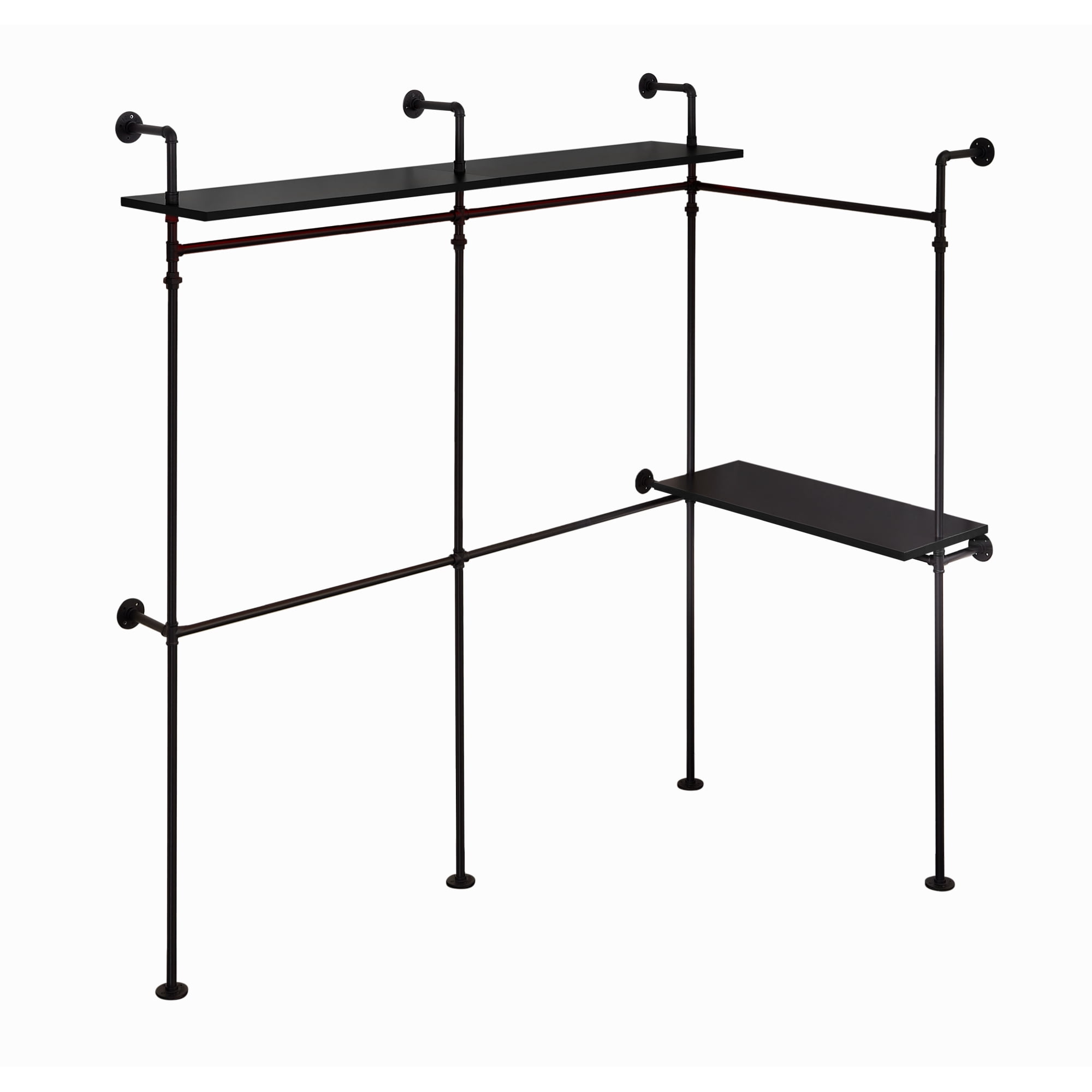 Leumius 118.3" Industrial Pipe Clothing Rack, Reversible Heavy Duty Garment Rack with LED Lights and Storage Shelves, Freestanding Walk-in Closet System Wardrobe Organizer for Bedroom, Black