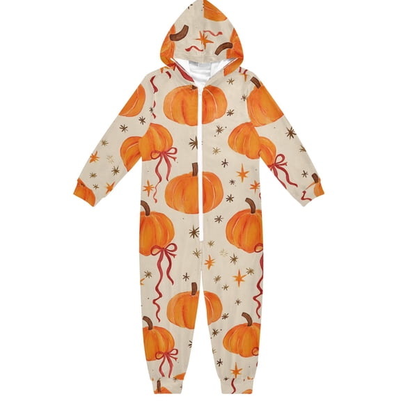 Pumpkin Red Bow Boys & Girls Hooded One-Piece Pajamas Warm Crystal velvet Hooded Long Sleeve Loungewear Jumpsuit Unisex