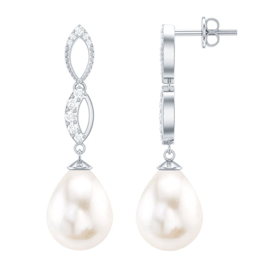 Rosec Jewels Freshwater Pearl Drop Dangle Earrings with Diamond Infinity (9X12 mm), 925 Sterling Silver