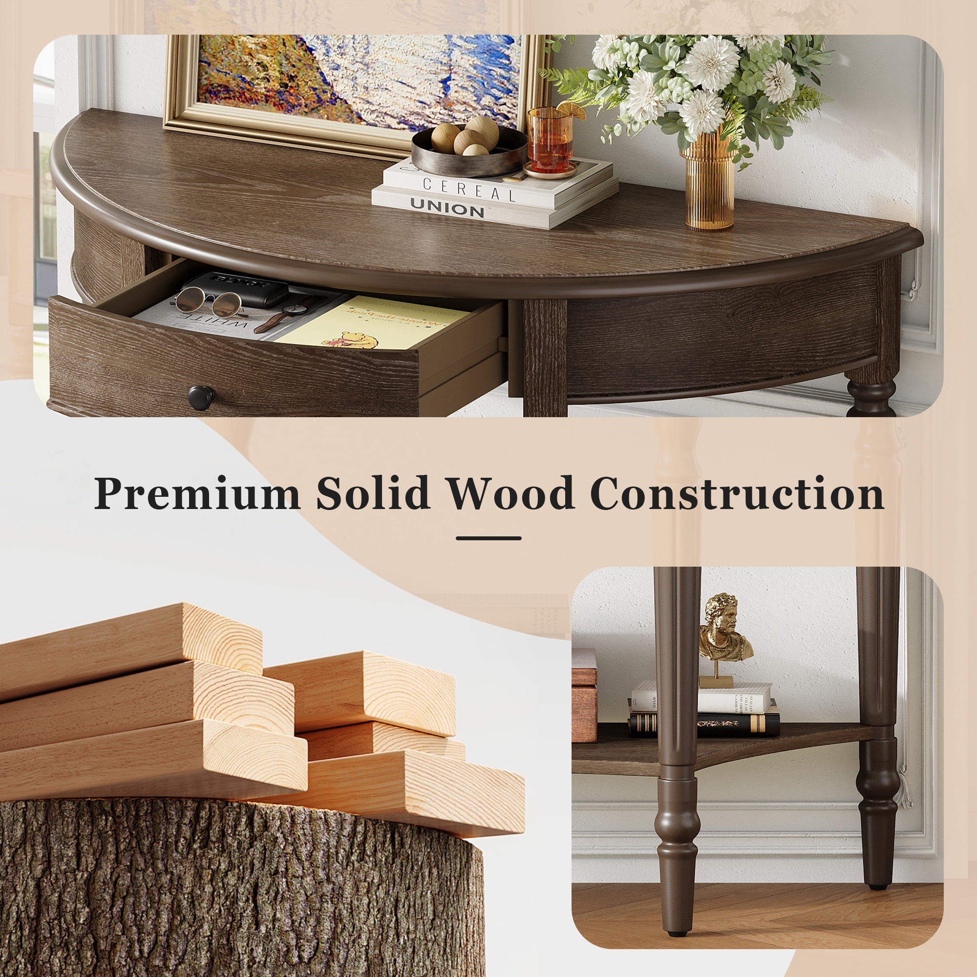 Farmhouse Half Moon Console Table with Drawer & Shelf, Rustic Accent Table, Sofa Table for Entryway, Living Room, Hallway and Foyer (Walnut)