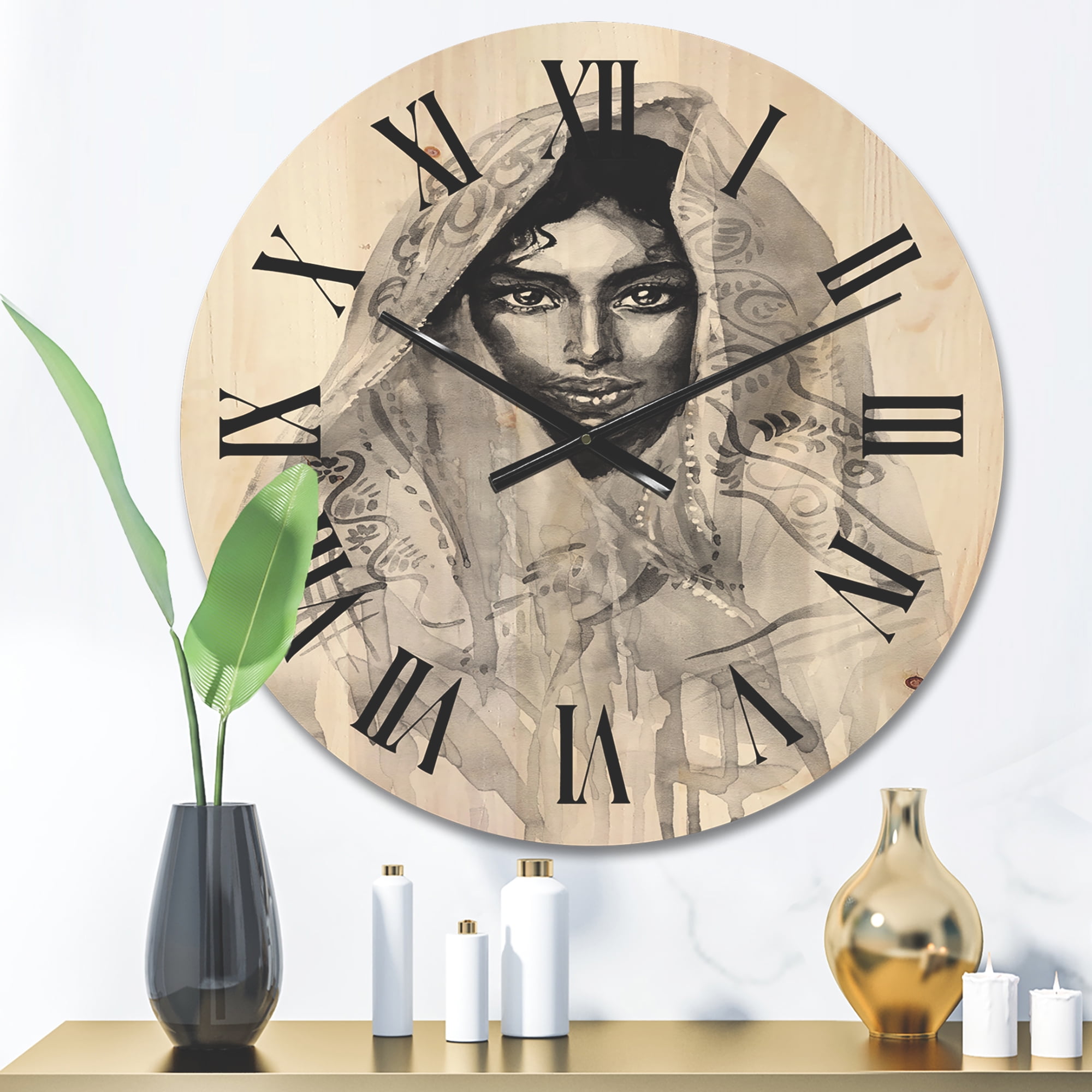 Designart 'Black and White Portrait of Young Indian Woman I' Modern Wood Wall Clock