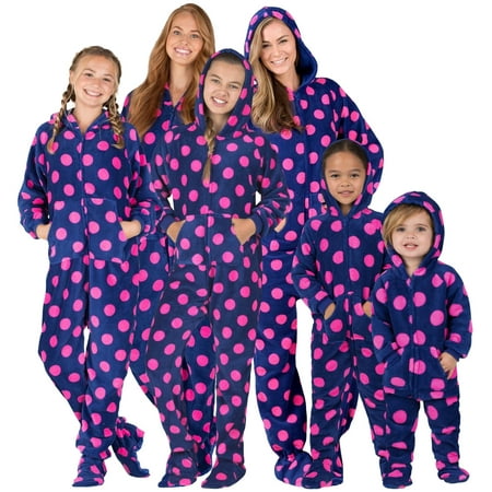 

Footed Pajamas - Family Matching Pink Dots on Navy Hoodie One Pieces for Boys Girls Men Women and Pets - Adult - Medium Plus/Wide (Fits 5 8 - 5 11 )