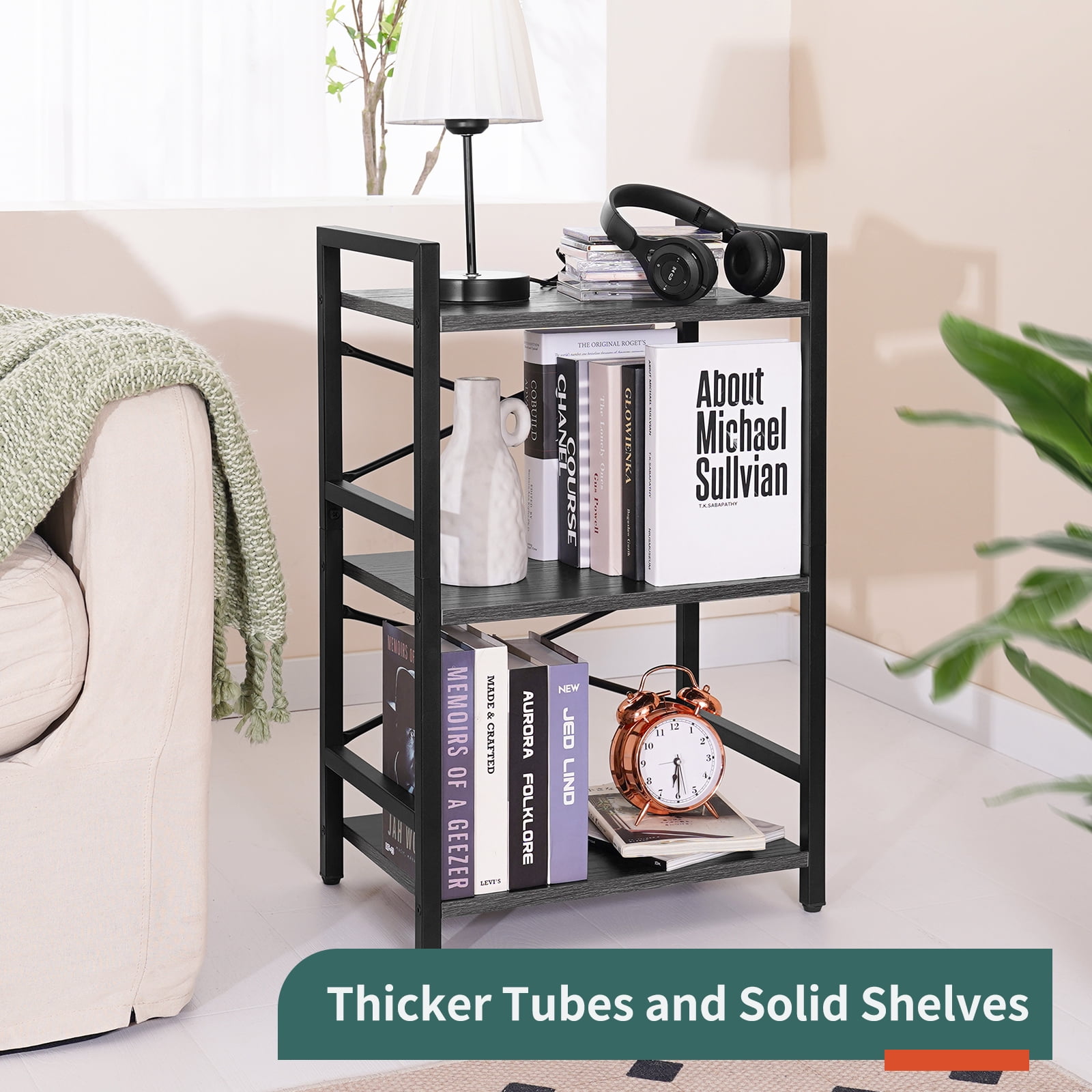 3 Tier Bookcase, Small Bookshelf Storage for Bedroom, Living Room, Office Home, Grey
