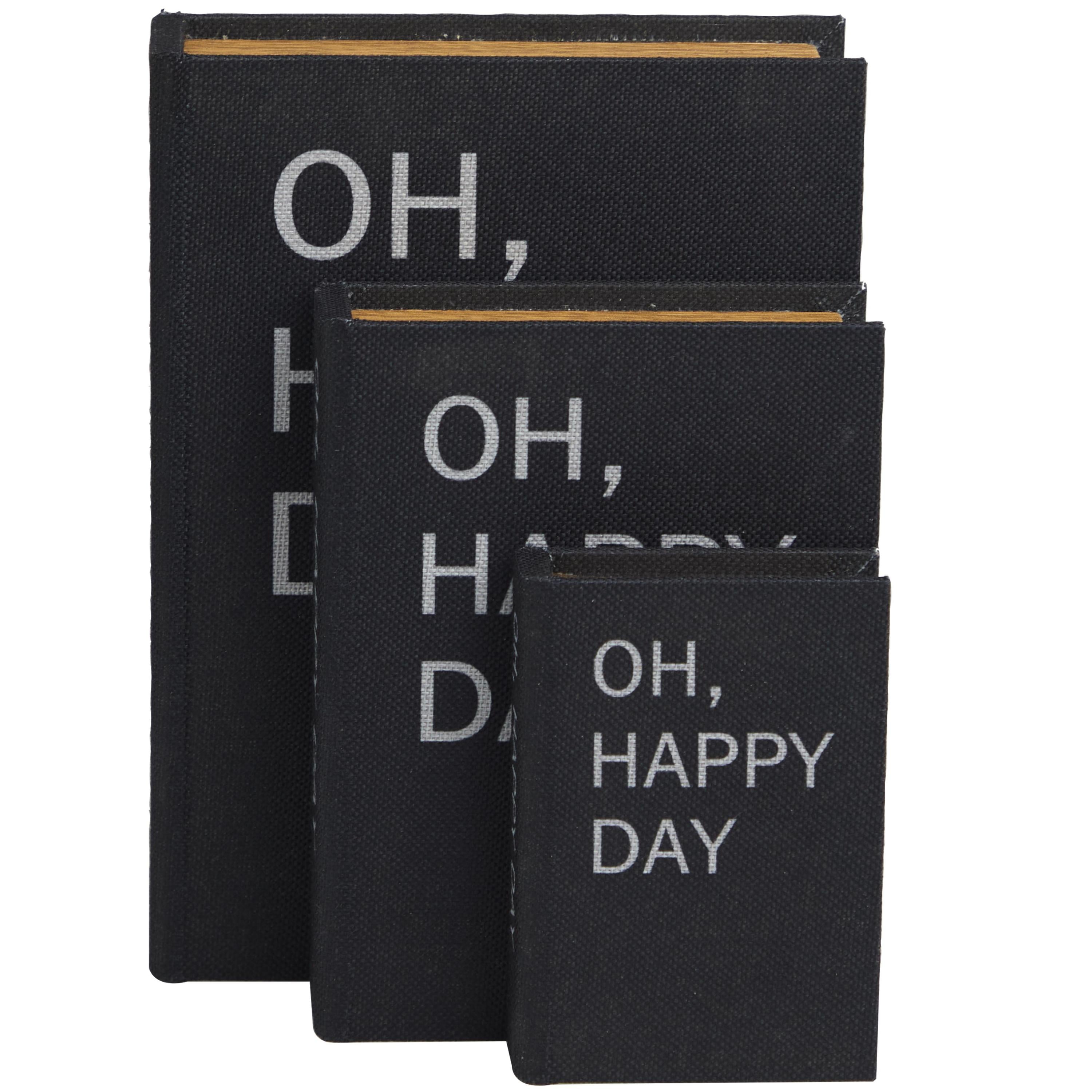 DecMode Storage Book Black Linen Fabric Decorative Box with Typography and Gold Page Inspired Detail, 3 Count