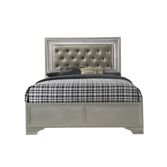 Queen Size LED Bed with Upholstered Headboard, Built-in Backlight, Champagne Crocodile Faux Leather, Modern Platform Bed Frame