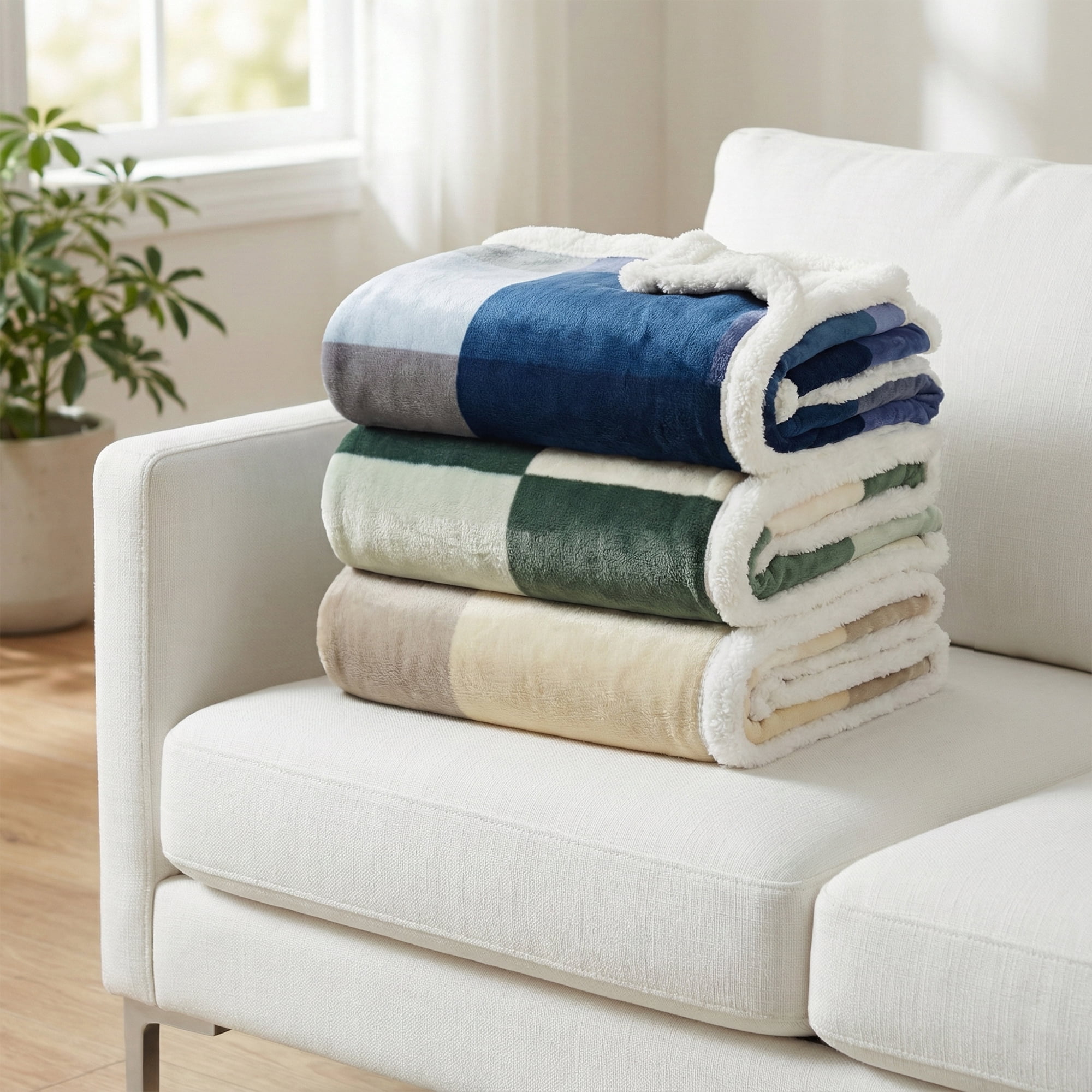 Americanflat - Fleece and Sherpa Throw Blanket - Oversize Plaid - 50x60 Inch - White