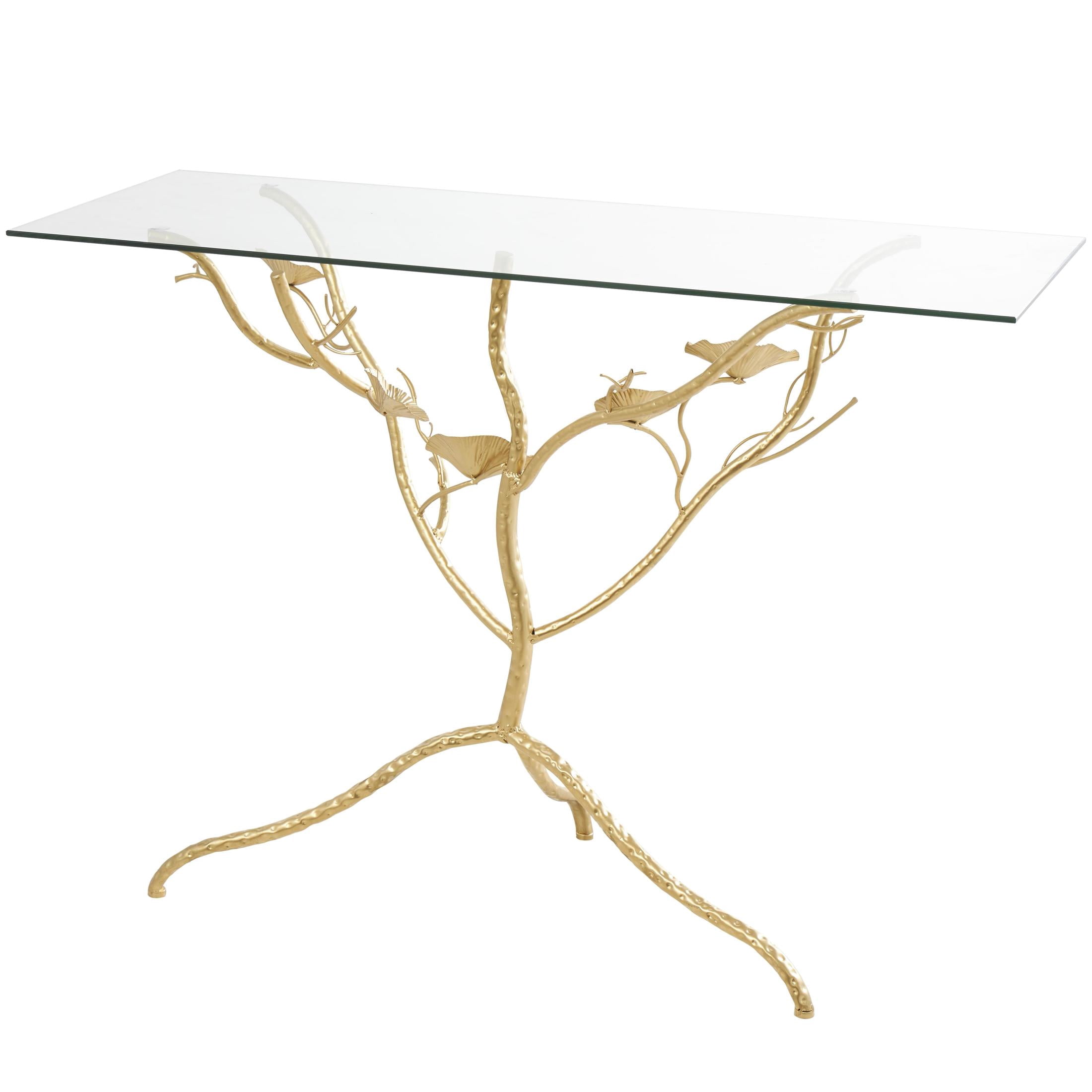 DecMode 43" x 32" Gold Metal Branch Floral Console Table with Tempered Glass Top, 1-Piece