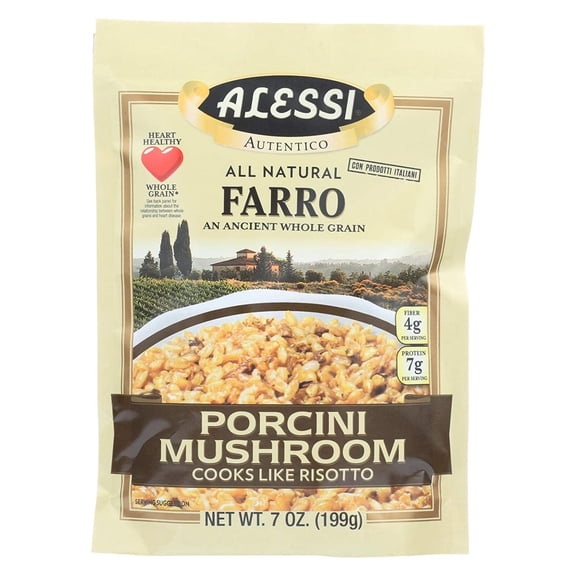 Alessi Autentico Porcini Mushroom Farro, Italian Whole Grain Farro with Porcini Mushrooms, Easy to Prepare, 7 oz packs, 6 count
