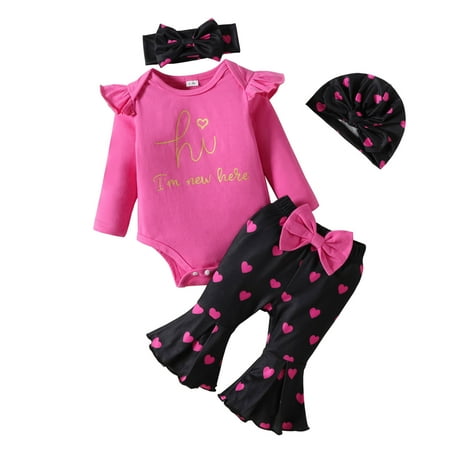 

KUNKASA Kids Plus Size Pullover Set Infant Girls Long Sleeve Romper Body Heart Prints Bell Bottoms Pants Oversized Crewneck Clothes 0-3 Months