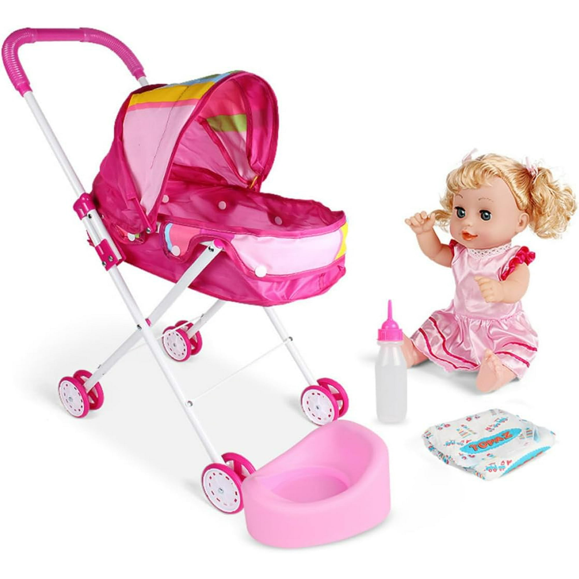 SURJDE Baby Doll Stroller Realistic 2 in 1 Baby Stroller for Dolls Foldable Pram Gift Set with Baby Doll Cartoon Printing Design Baby Stroller with