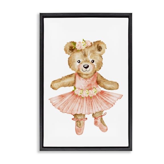 Floral Ballerina Teddy Bear Black Framed Floater Canvas Wall Art, design by Amy Hall