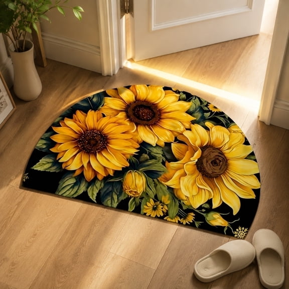 Feledorashia Sunflower Doormat, Floral Entryway Rug, Semicircular Non Slip Polyester Floor Mat for Indoor Home Decor, Durable Low Profile Design for High Traffic Areas and Easy Maintenance