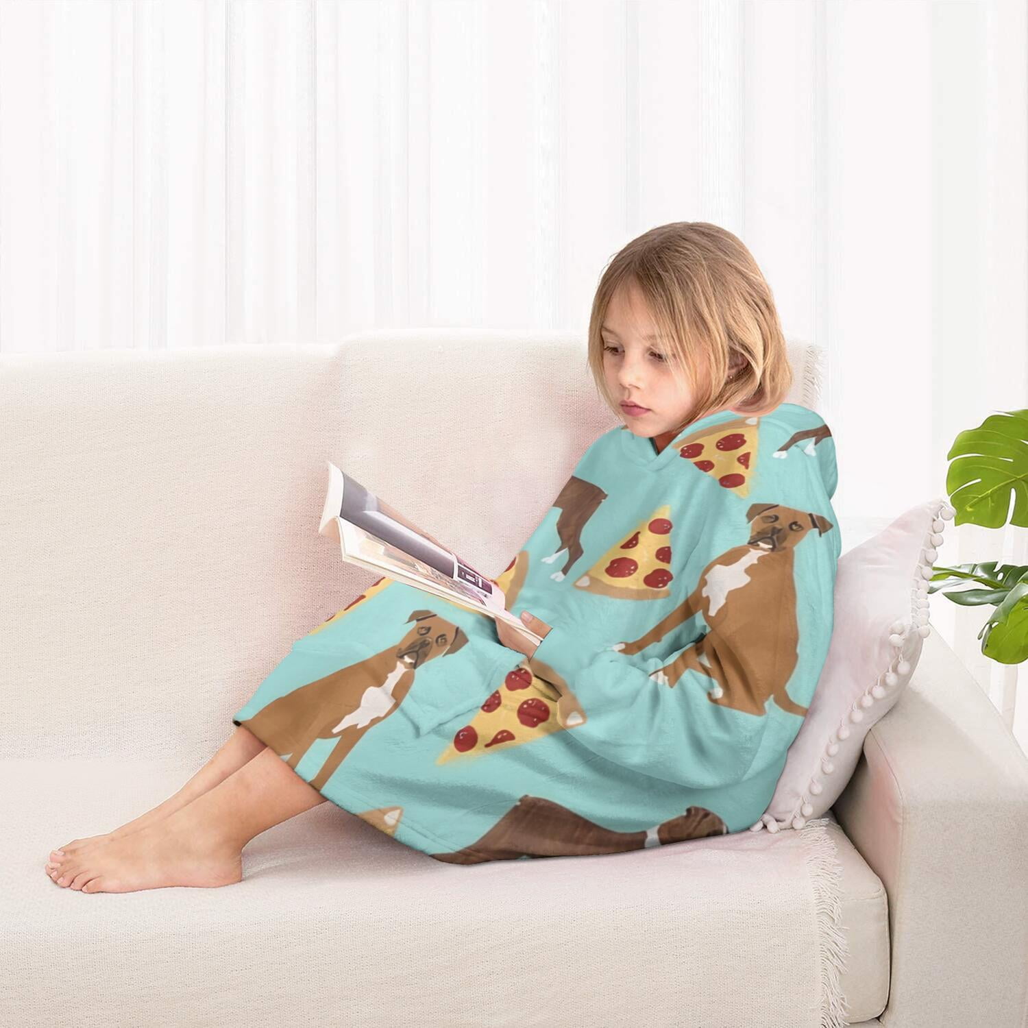 Boxer Dog Pitbull Terriers Dog and Pizza Blanket Hoodies for Kids 6-13YR Oversize Wearable Blanket Hoodies for Boys Girls Teens