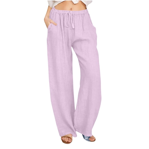Lenpel Linen Pants for Women Cotton Elastic High Waisted Pleated Straight Leg Casual Pants Loose Beach Trousers with Pockets