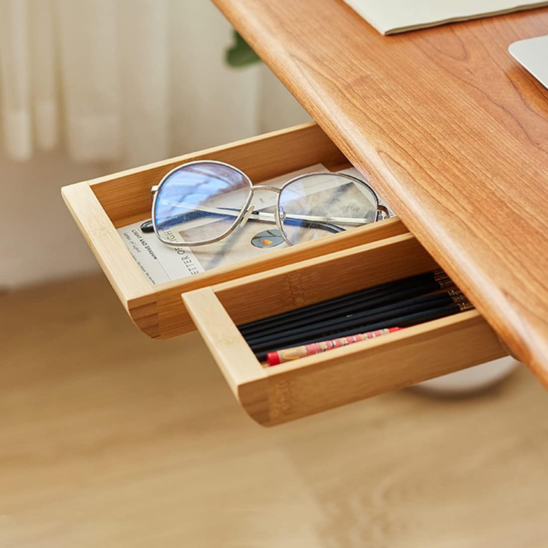 Under Desk Drawer Wood, Self-Adhesive Hidden Drawer Organizer Slide Out, Easy Installation Handmade Under Table Storage, Attachable Pencil Phone Holder For Office Home Classroom